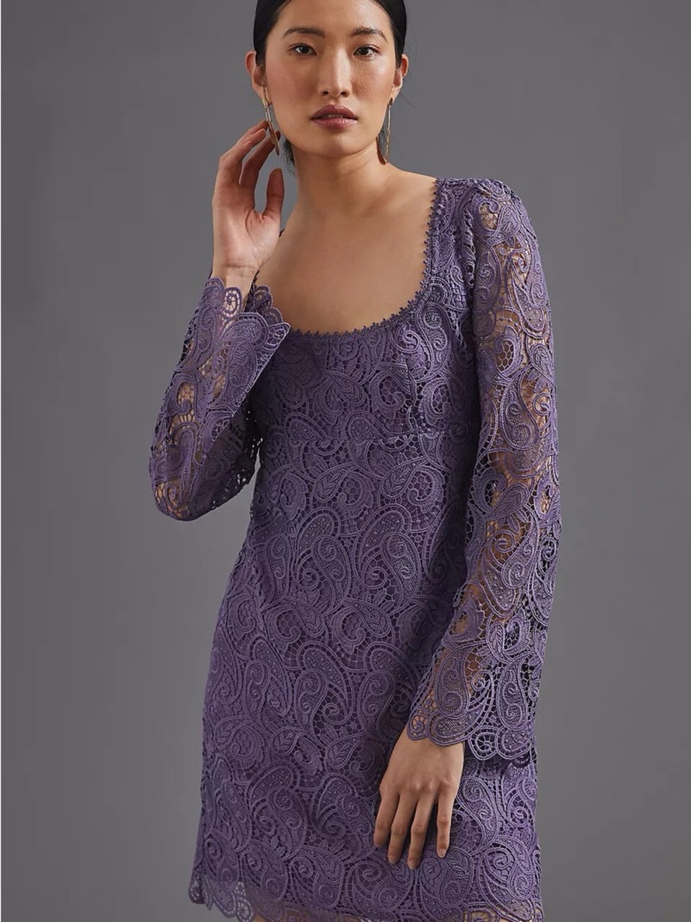 Anthropologie Lilac Lace Long-Sleeve Shift Dress Mauve Wedding Guest Size 4 NWT